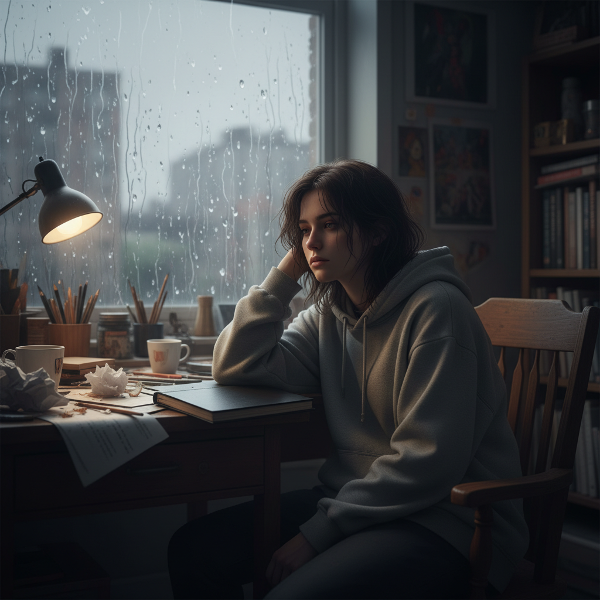An introspective art student experiencing depression and creative block, isolated in her room with neglected art supplies.