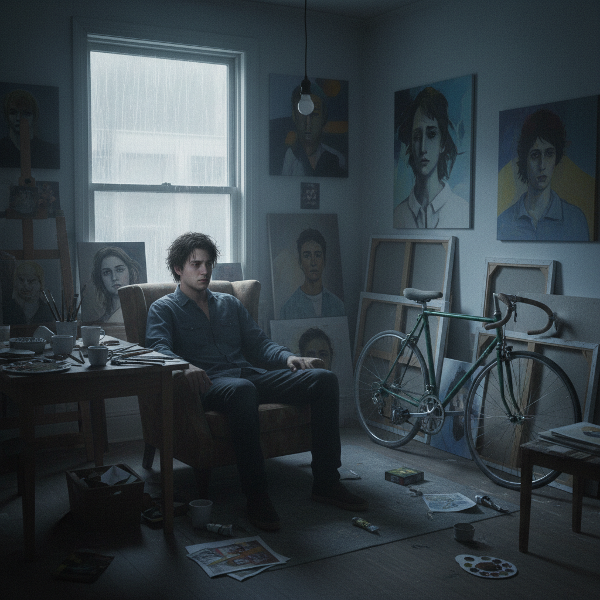 An introverted man in a cluttered room, symbolizing withdrawal and loss of interest in hobbies.