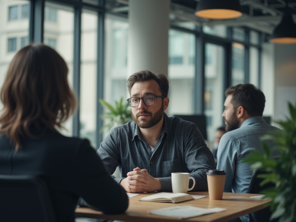 A man in a business setting looks isolated in a crowd, with a warm, inviting light suggesting connection.