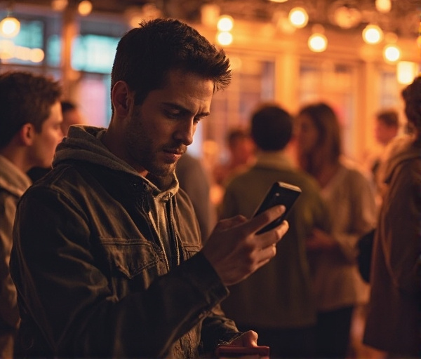 A man at a casual meetup putting his phone away and taking a small step toward conversation, illustrating gradual social connection.