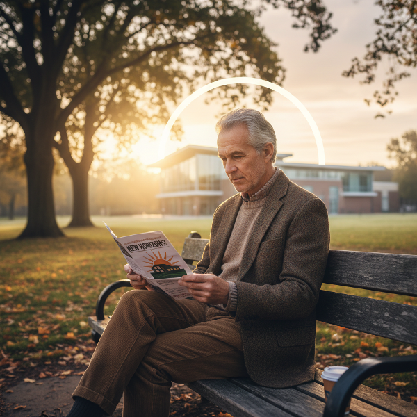 An older man contemplates joining a social group while sitting on a park bench at dawn.