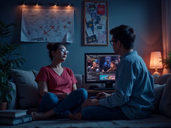 A woman sitting alone on a couch, looking towards her partner who is focused on a computer screen, with a calendar marked with crossed-out dates and a feeling of emotional disconnect in the room.