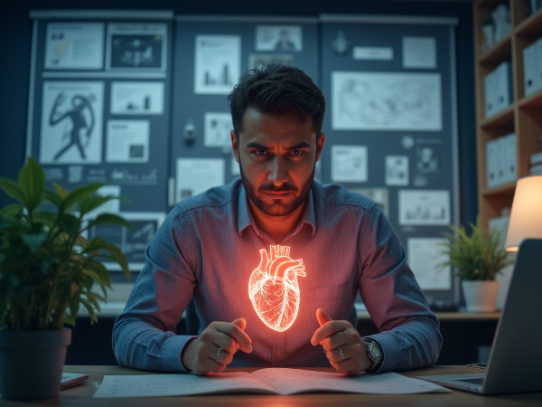 A stressed businessman in an office, with symbolic anxiety elements like a glowing heart and shadowy business worries.