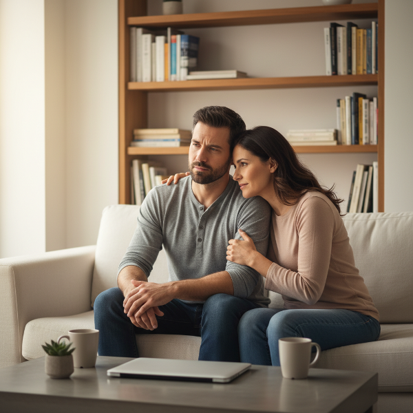 A couple having a calm, supportive conversation about intimacy in a cozy, well-lit living room.