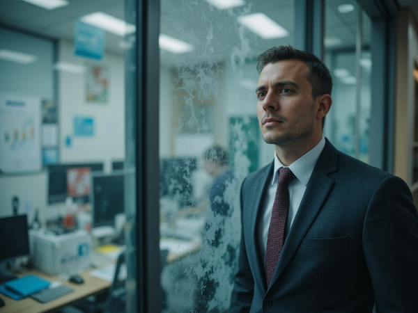 A man trapped behind a foggy glass wall, symbolizing emotional numbness and disconnection from work and life.