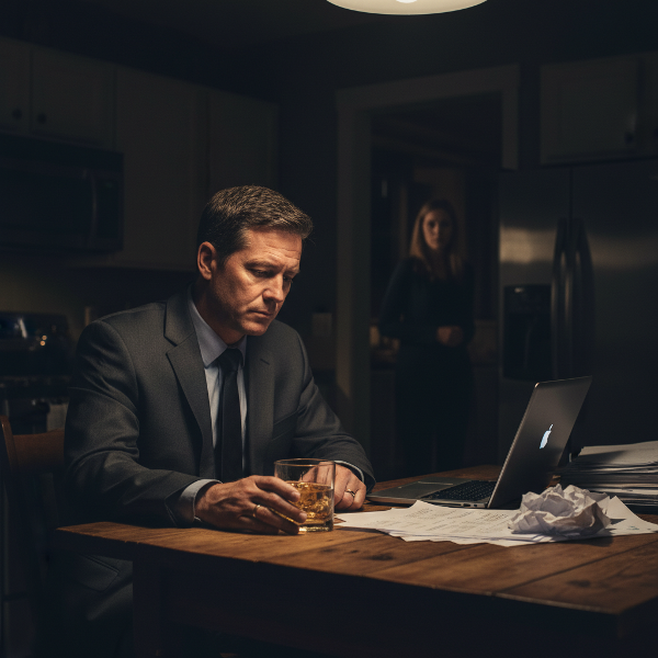A tired businessman contemplates a drink after work, with work stress visible and a supportive partner nearby.