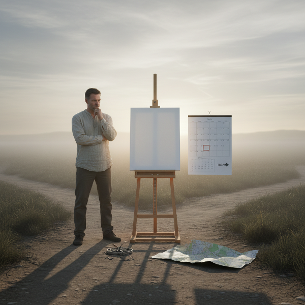 A man contemplates an empty canvas and calendar, representing the search for identity and structure after a long career.