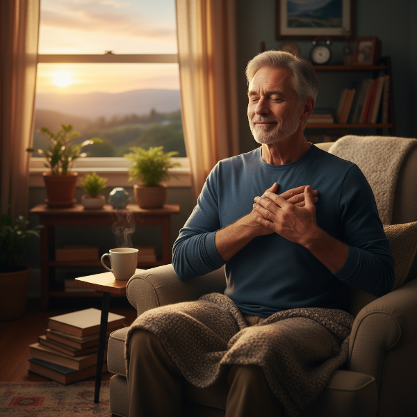 A man practicing self-compassion, finding inner peace and connection within himself.