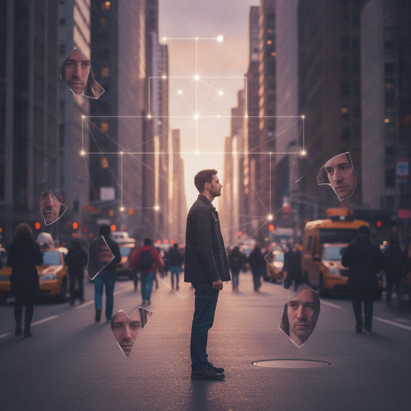A man standing alone in a bustling city, surrounded by ghostly family tree patterns and cracked mirrors, depicting disconnection and introspection.