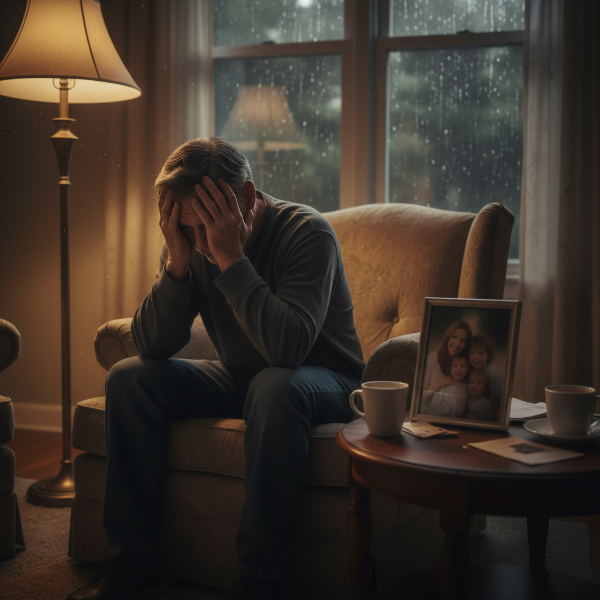 A man experiencing anxiety and marital distress in a tense home environment.