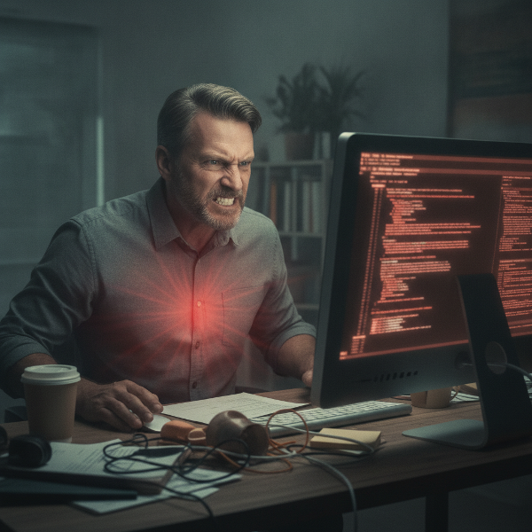 A 55-year-old man sits at a home office desk, experiencing a wave of heat in his chest and tense shoulders, with an angry expression while looking at a computer screen showing a double-booking error.