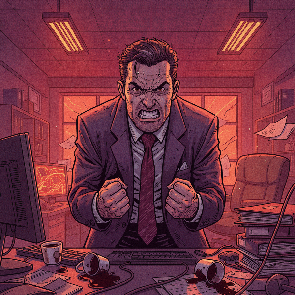 An illustration of a middle-aged man in an office environment, showing visible anger and tension, with a stormy atmosphere and scattered papers, conveying emotional turmoil.