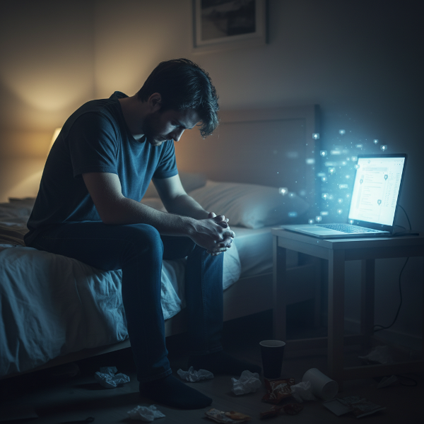 A man sits alone in a dim room, head bowed, next to a laptop emitting a faint glow, representing lost confidence and anxiety.