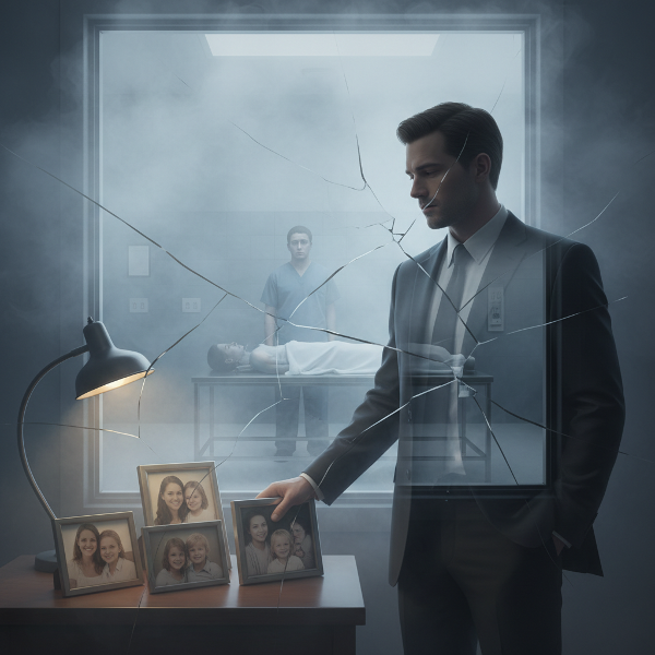 A fractured man in a foggy office, haunted by a traumatic memory reflected in a window, while disconnected from family photos on his desk.