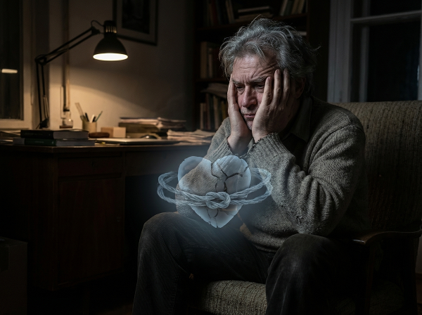 A man grappling with the visceral aftermath of betrayal, alone with his thoughts in the quiet of night.