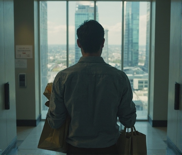 A man pauses before an elevator in a high-rise lobby, symbolizing claustrophobia and the journey toward recovery.