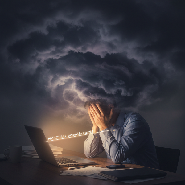 A man overwhelmed by anxiety at his desk, with a small hopeful light representing a first step.