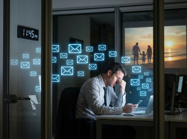A man struggles with work email addiction late at night, surrounded by digital notifications, while a vision of calm disconnection appears behind him.