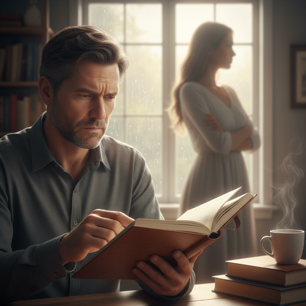 A middle-aged man reflects on relationship dynamics, with visual metaphors for doubt and self-discovery.