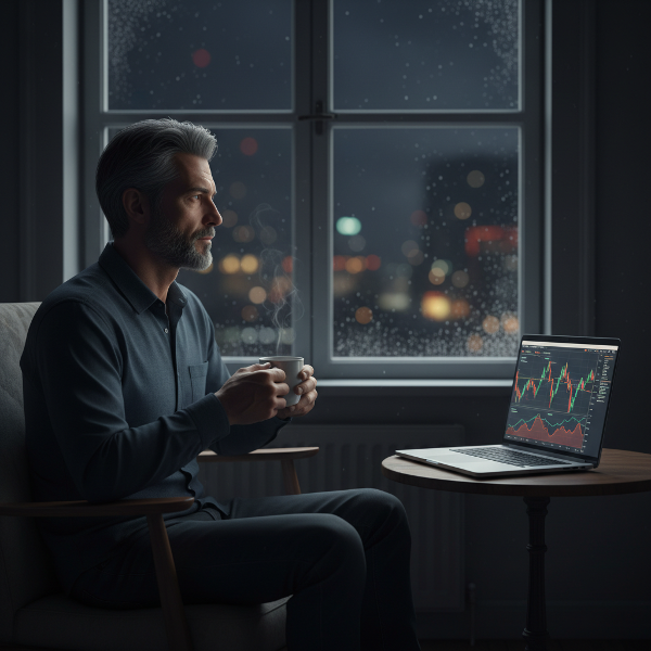 A man in his late forties reflecting on his career loss during a sleepless night, surrounded by symbols of his former professional life.