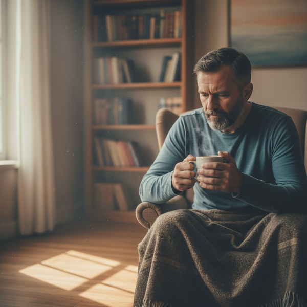 A middle-aged man in a calm, reflective moment, symbolizing the internal struggle and desire for emotional connection.