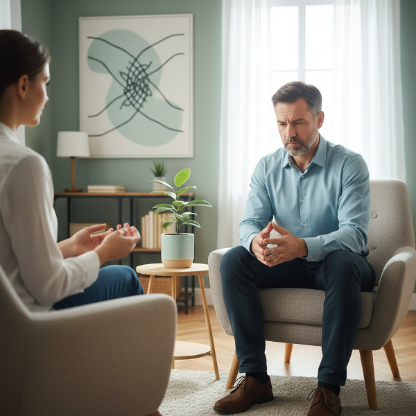 A man contemplates emotions in a serene space, with visual metaphors for trust and inner growth.