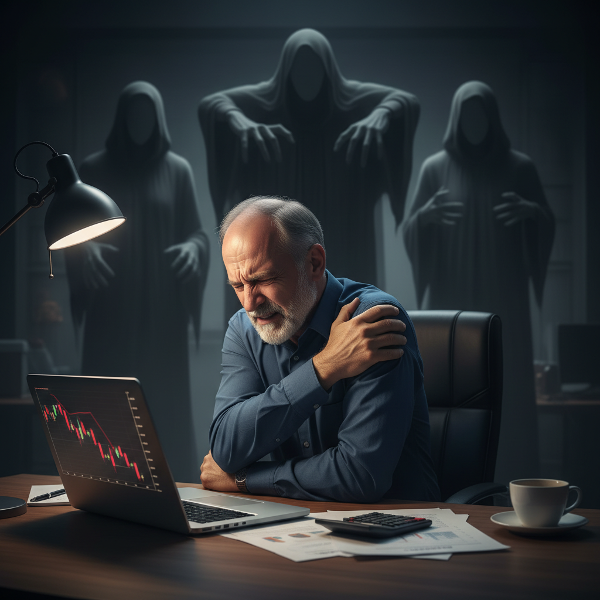 A man experiencing shoulder pain while working on business finances, with abstract stress figures in the background.