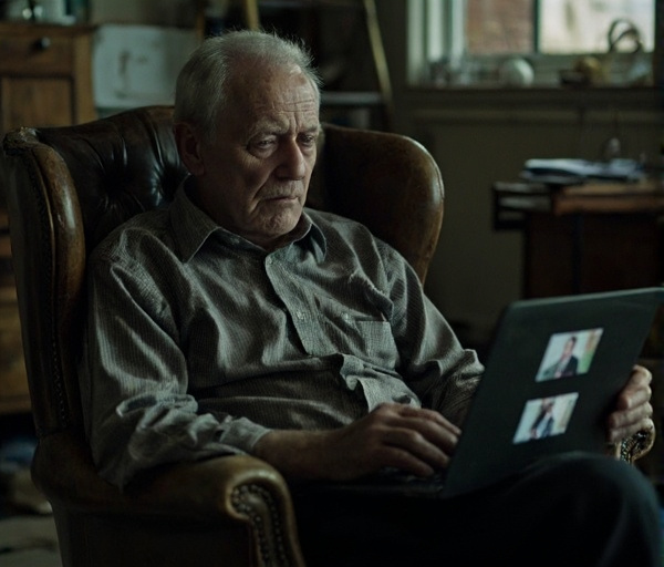 A 61-year-old man sits apathetically in an armchair watching short videos on a laptop, with a flat expression and a cluttered room in soft daylight.