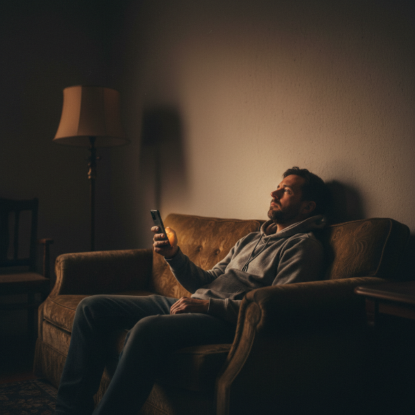 A man in his 30s sits in a dim, shadowy room on a couch, looking at a wall with a phone loosely held, showing numbness and depression.