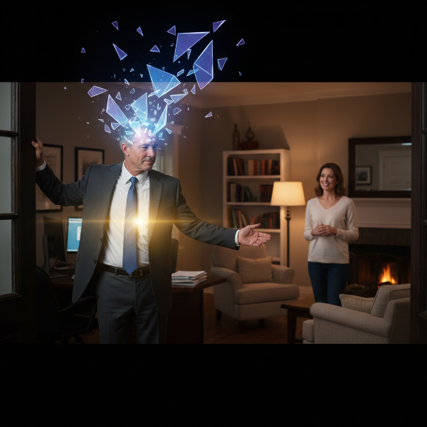 A man caught between the sharp geometry of work stress and the warm glow of home, reaching across a threshold.