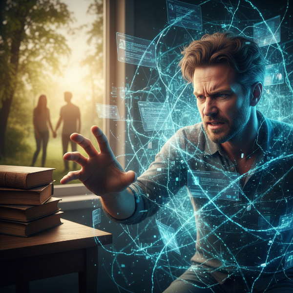 A graphic designer visually entangled in a digital web, symbolizing internet addiction, with a hopeful reach toward offline life.