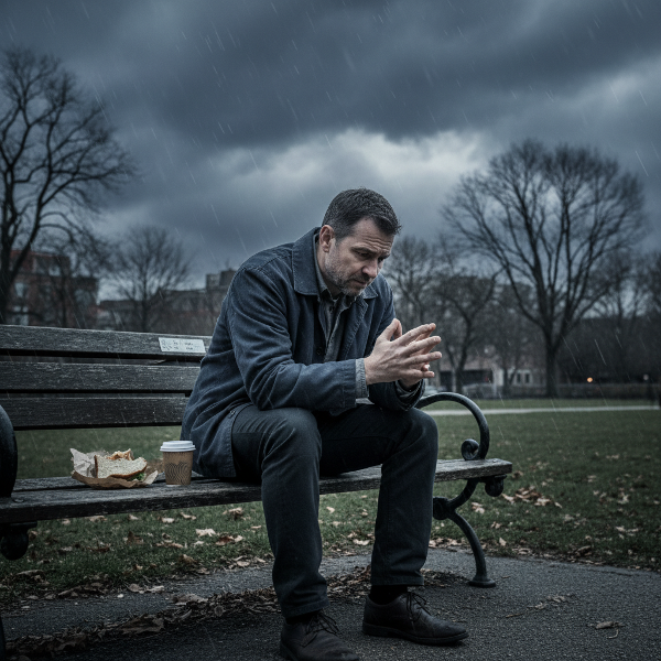 An anxious man isolated on a park bench under a stormy sky, symbolizing fear of abandonment