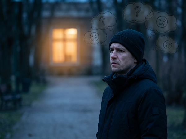 A man appears isolated by his own anxious thoughts, which form a barrier to a warm, close connection nearby.