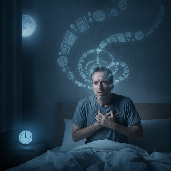 A 47-year-old man in bed at night, looking anxious, with a clock and spiraling thoughts about aging and health fears.