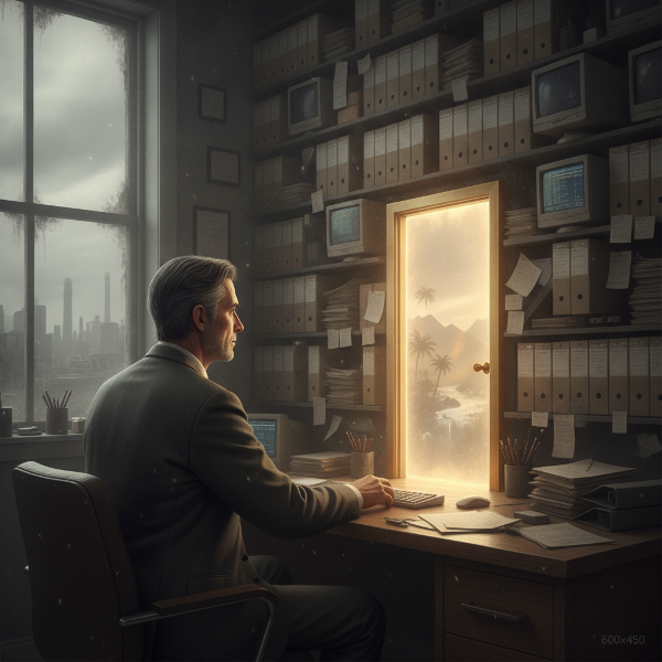 Illustration of a mid-level manager at a crossroads, trapped by routine yet seeing a hopeful door, symbolizing renewal and meaning.
