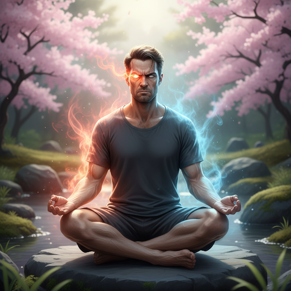 Meditating man with twitching eye, depicting stress release and emotional struggle.
