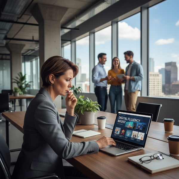 An older woman experiencing workplace anxiety and isolation amidst a changing, youth-oriented office environment.