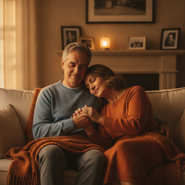 A couple in their late 50s sitting on a cozy couch, the husband gently holding his wife's hand, warm lighting, empathetic atmosphere.