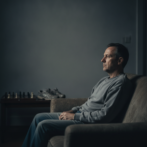 A middle-aged man in a dim living room, slumped on a couch, gazing at an empty wall, with subtle hints of former hobbies (chess set, running shoes) nearby, evoking a sense of flat despair.
