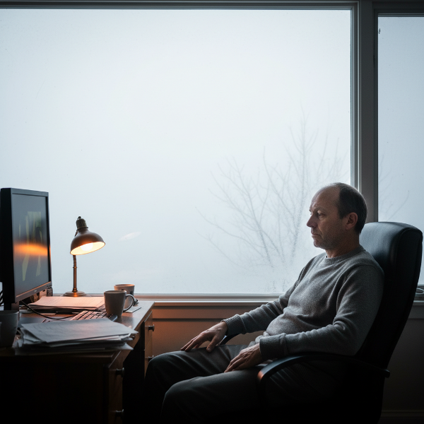 A man in a home office, surrounded by winter fog, depicting emotional numbness and midlife crisis.