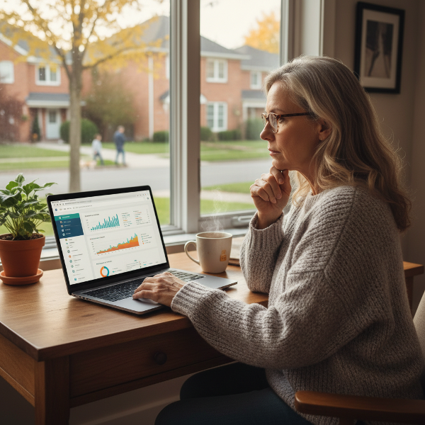 A woman in midlife working online, surrounded by professional tools but feeling a sense of personal isolation.