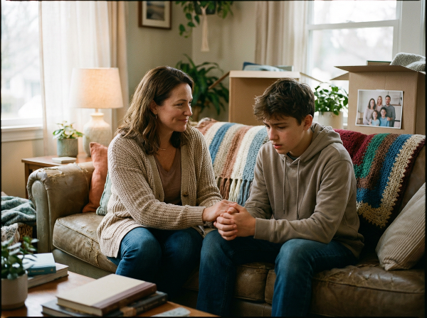 A mother and teenage son share a quiet, supportive moment at home, symbolizing emotional connection during a difficult transition.