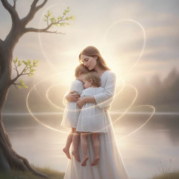 Mother comforting her two children in a warm, safe embrace, suggesting resilience and healing.