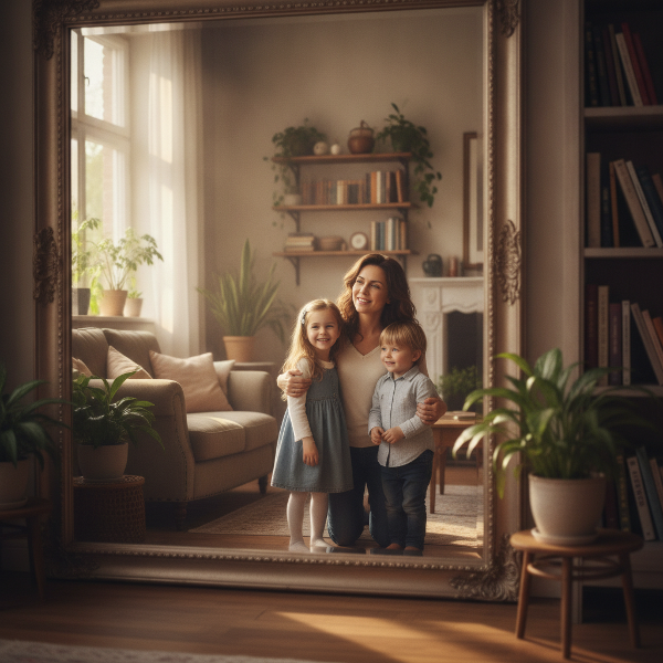A mother of two, aged 34, gently holding a mirror, smiling at her reflection with love and acceptance, her children playing in the background, warm home setting, soft natural light, conveying self-compassion and inner confidence.