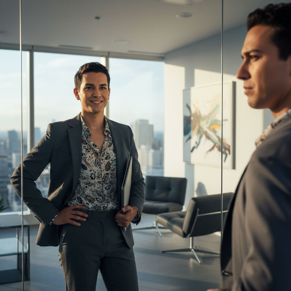 A non-binary person in a business setting, looking at their reflection with a mix of doubt and self-awareness, representing the internal struggle with authenticity.