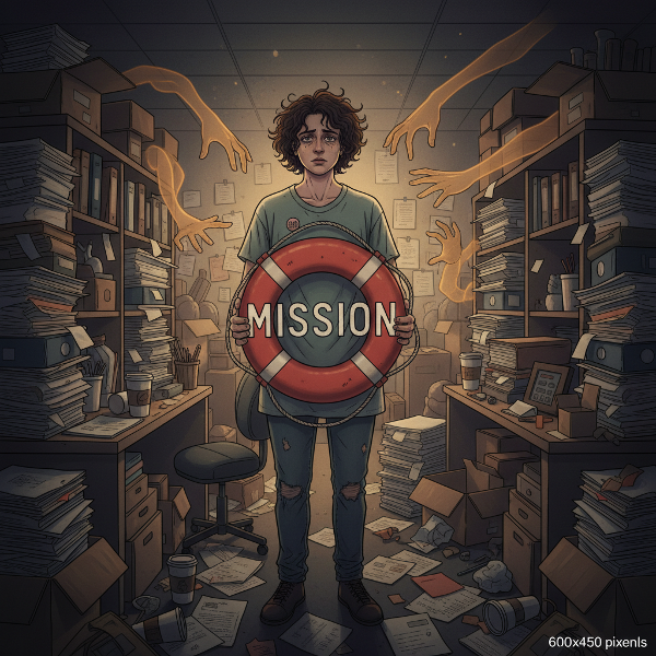 An image depicting burnout and resilience in nonprofit work, showing the tension between personal exhaustion and commitment to a cause.