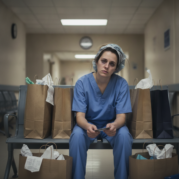 A young female nurse in scrubs sits slumped on a bench outside a hospital, surrounded by colorful shopping bags, with a weary expression and dark circles under her eyes, symbolizing burnout and retail therapy.
