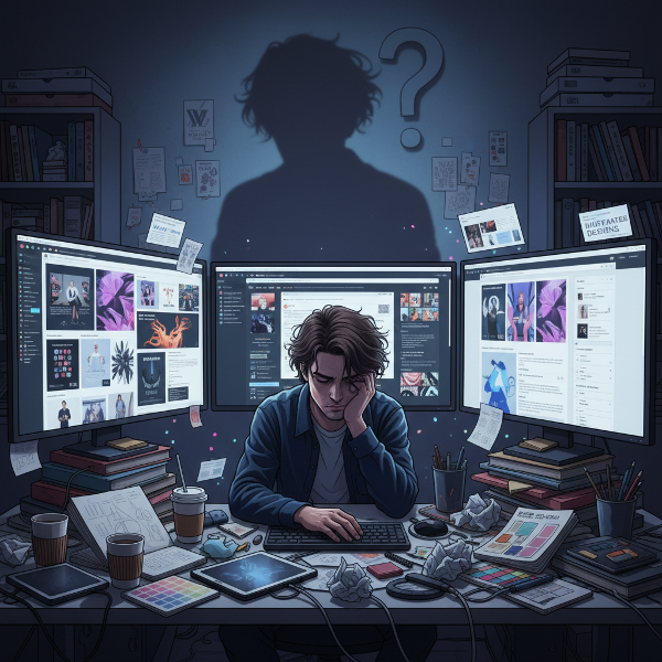 A designer at a messy desk, paralyzed by multiple screens displaying design trends, with a dark shadow of anxiety hovering nearby.