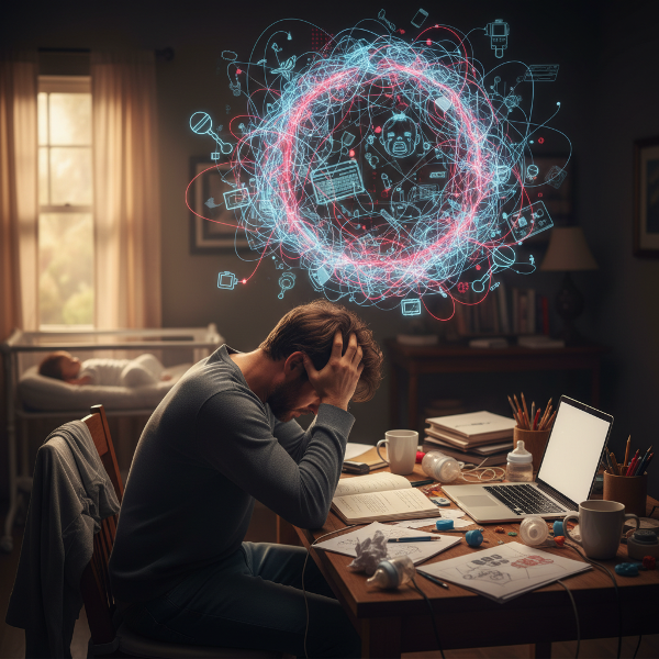 A man overwhelmed at his desk, with a visual metaphor of tangled stress representing new fatherhood and work pressure.