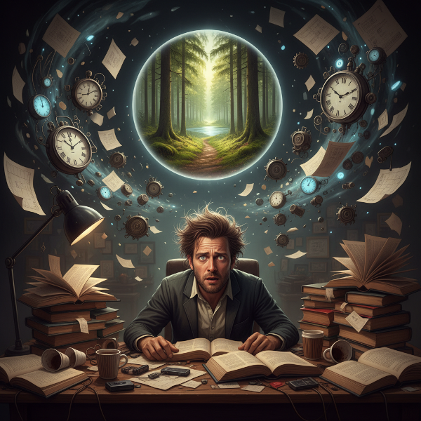 A stressed professional at work, surrounded by symbols of anxiety, with a dream offering escape.